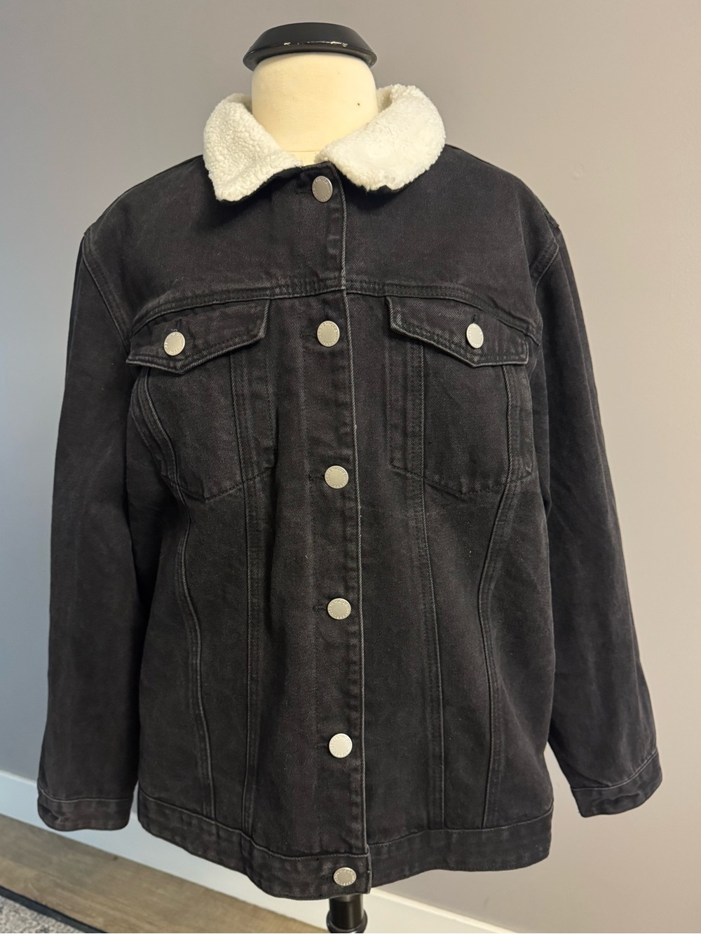 City Chic Black Sherpa-Collar Denim Jacket